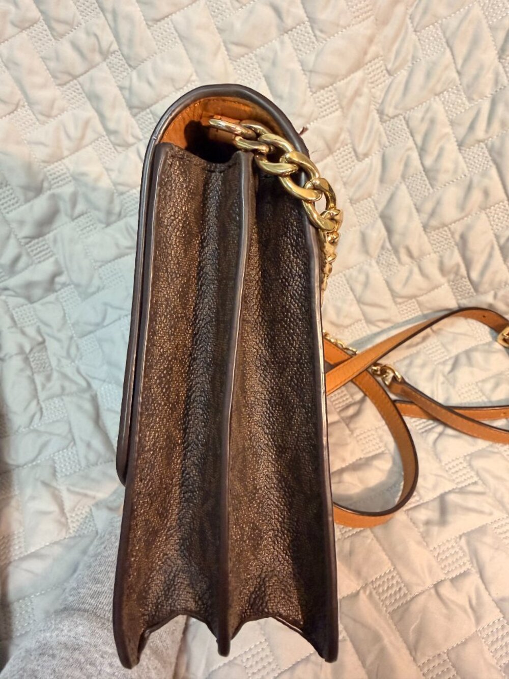 Michael Kors Floral Appliqué Crossbody Bag Brown MK Signature Gold Chain - Picture 12 of 14